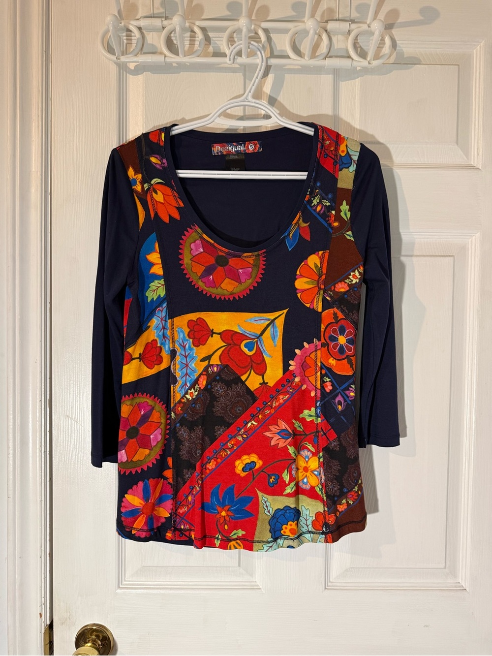 Desigual Navy Multi Floral Patchwork Long Sleeve Top